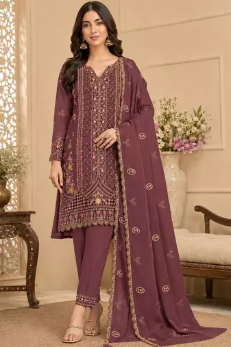 Wine Silk Semi Stitched Suit with Embroidery & Sequence Work