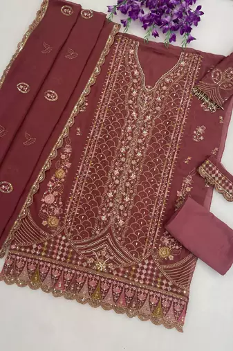 Wine Silk Semi Stitched Suit with Embroidery & Sequence Work