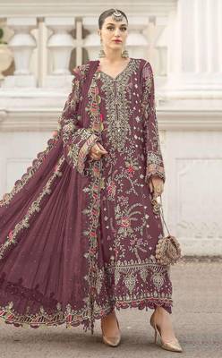 wine chiffon semi stitched suit with embroidery & sequence work 1