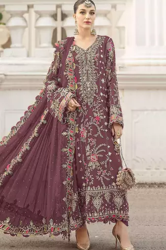 wine chiffon semi stitched suit with embroidery & sequence work