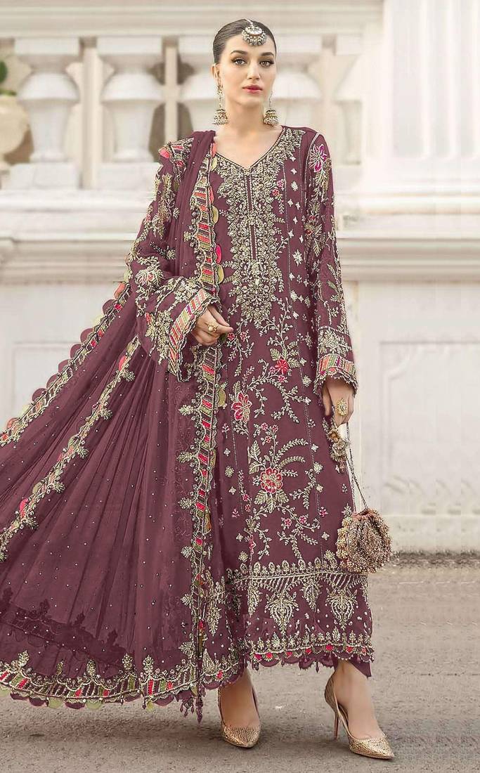 wine chiffon semi stitched suit with embroidery & sequence work