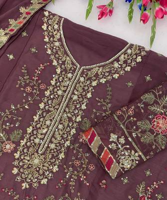 wine chiffon semi stitched suit with embroidery & sequence work 2