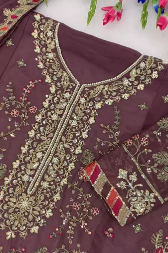 wine chiffon semi stitched suit with embroidery & sequence work