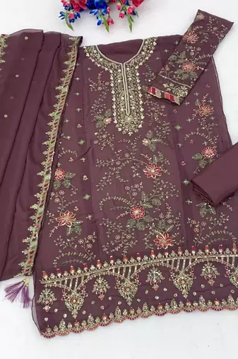 wine chiffon semi stitched suit with embroidery & sequence work