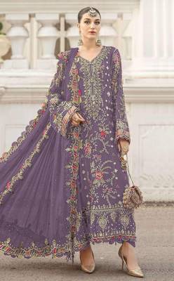lavender chiffon semi stitched suit with embroidery & sequence work 1