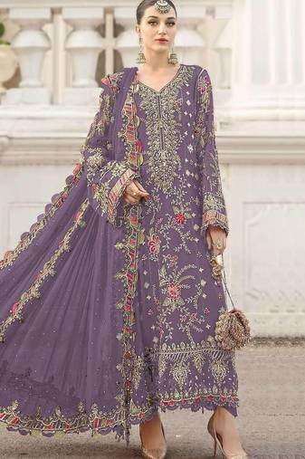 lavender chiffon semi stitched suit with embroidery & sequence work