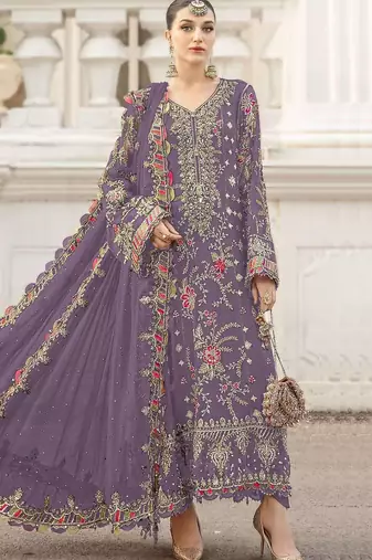 lavender chiffon semi stitched suit with embroidery & sequence work