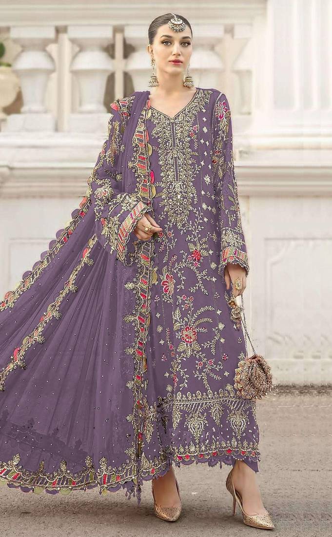 lavender chiffon semi stitched suit with embroidery & sequence work