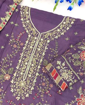 lavender chiffon semi stitched suit with embroidery & sequence work 2