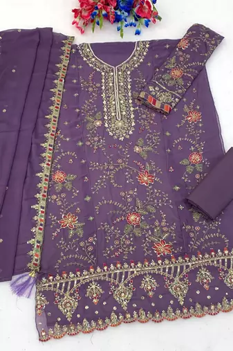 lavender chiffon semi stitched suit with embroidery & sequence work
