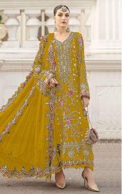 yellow chiffon semi stitched suit with embroidery & sequence work 1