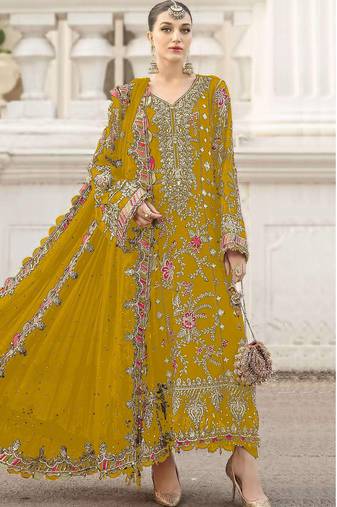yellow chiffon semi stitched suit with embroidery & sequence work