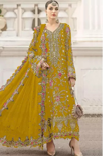 yellow chiffon semi stitched suit with embroidery & sequence work