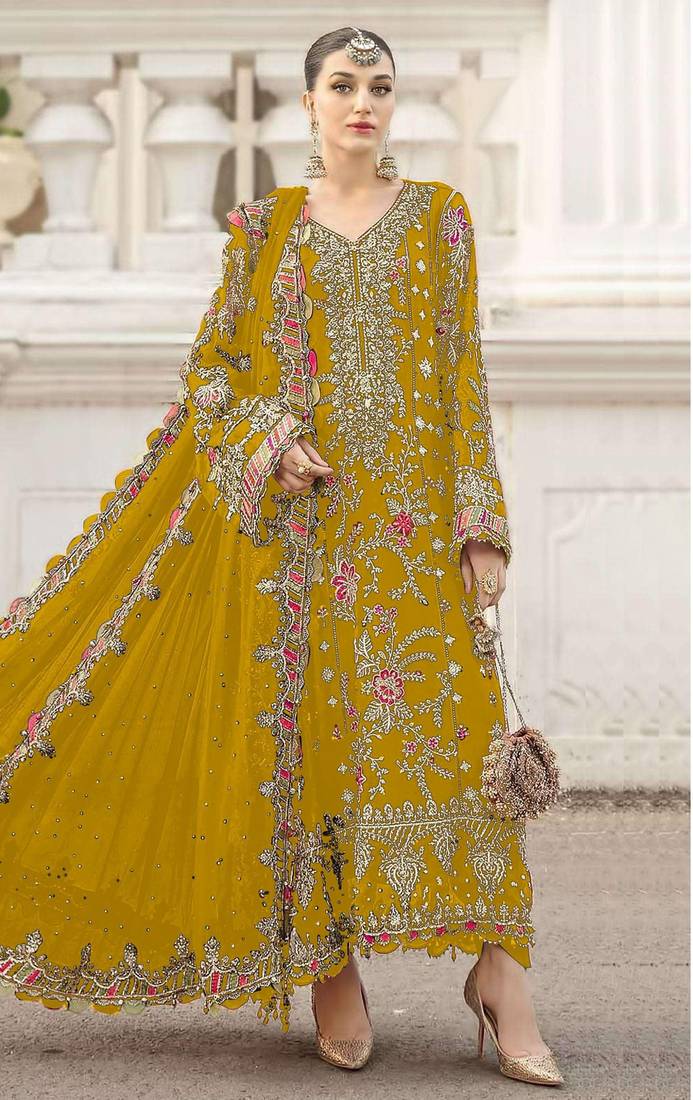 yellow chiffon semi stitched suit with embroidery & sequence work