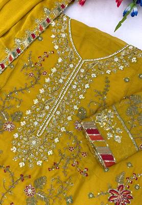yellow chiffon semi stitched suit with embroidery & sequence work 2