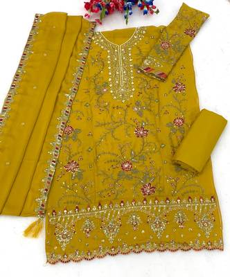 yellow chiffon semi stitched suit with embroidery & sequence work 3