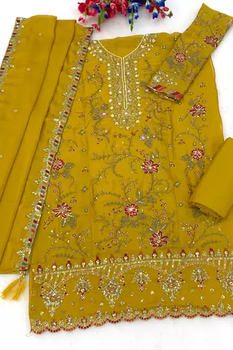 yellow chiffon semi stitched suit with embroidery & sequence work