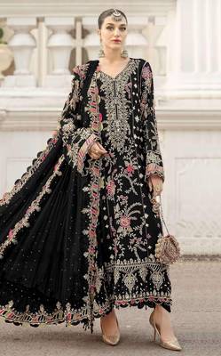 black chiffon semi stitched suit with embroidery & sequence work 1