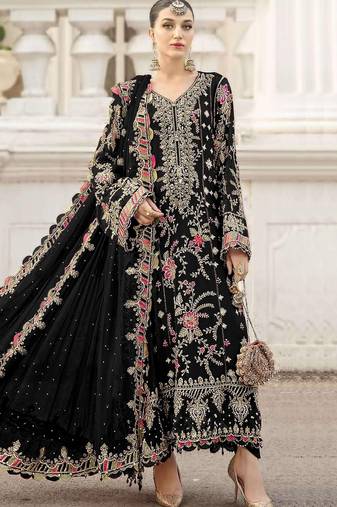 black chiffon semi stitched suit with embroidery & sequence work