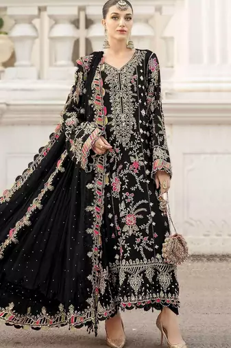 black chiffon semi stitched suit with embroidery & sequence work