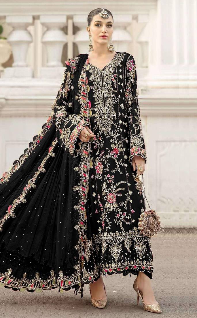 black chiffon semi stitched suit with embroidery & sequence work