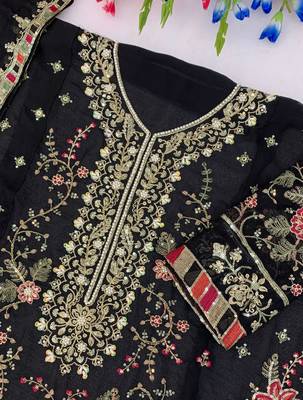 black chiffon semi stitched suit with embroidery & sequence work 2