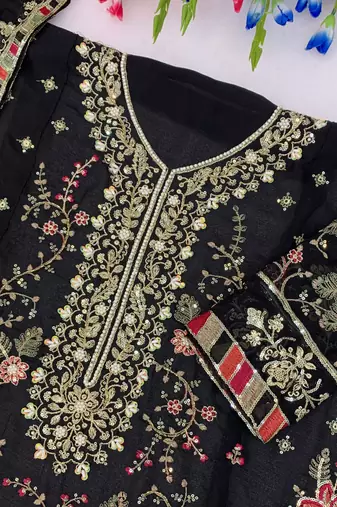 black chiffon semi stitched suit with embroidery & sequence work