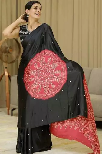 Black silk embroidered mirror work heavy look ethnic saree with blouse