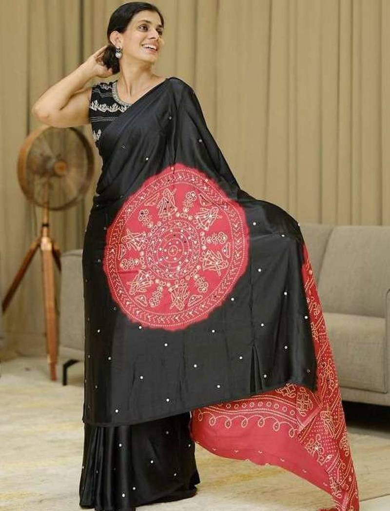 Black silk embroidered mirror work heavy look ethnic saree with blouse
