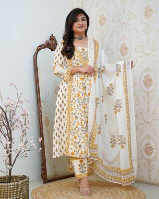 Women's White & YellowFloral Printed Cotton Blend Kurta Pant Dupatta Set 1