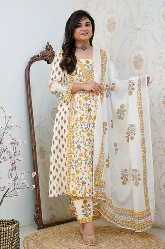Women's White & YellowFloral Printed Cotton Blend Kurta Pant Dupatta Set