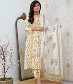 Women's White & YellowFloral Printed Cotton Blend Kurta Pant Dupatta Set