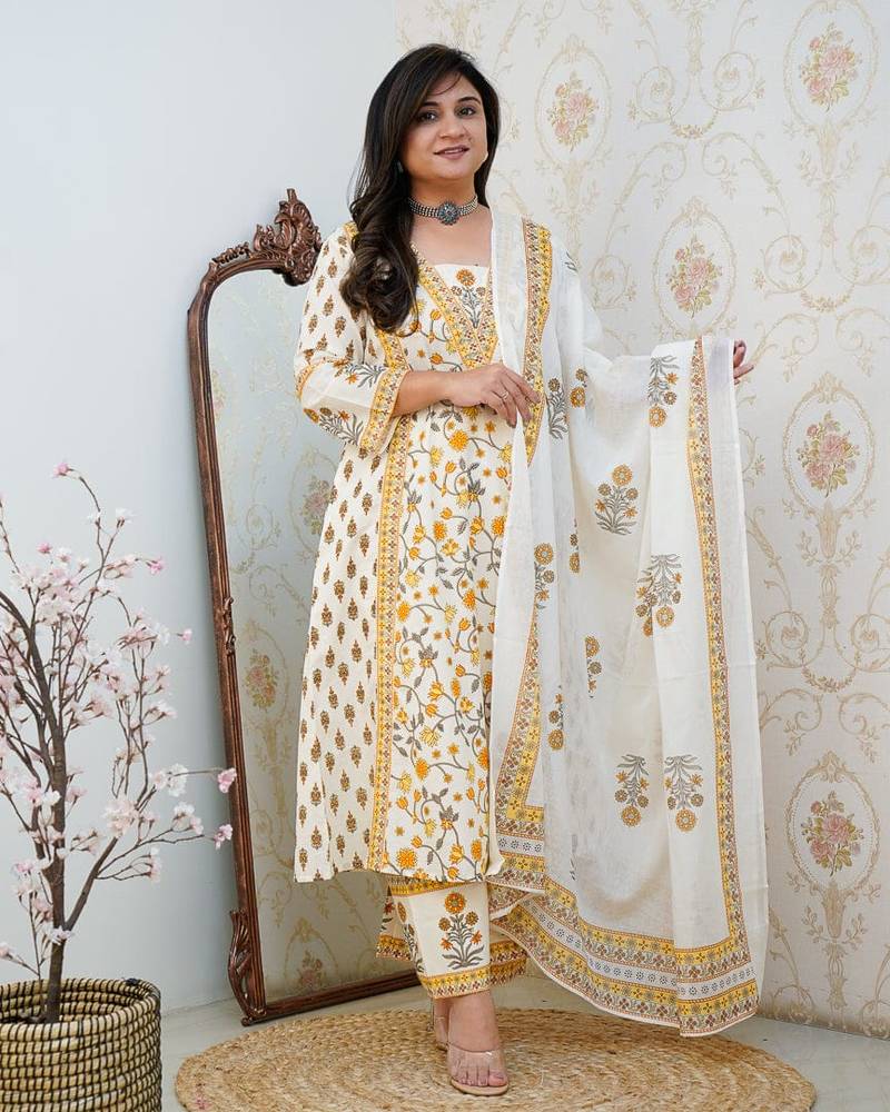 Women's White & YellowFloral Printed Cotton Blend Kurta Pant Dupatta Set