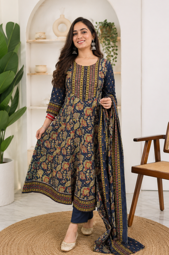 Women's Navy Blue Floral Printed Cotton Blend Anarkali Kurta Pant Dupatta Set