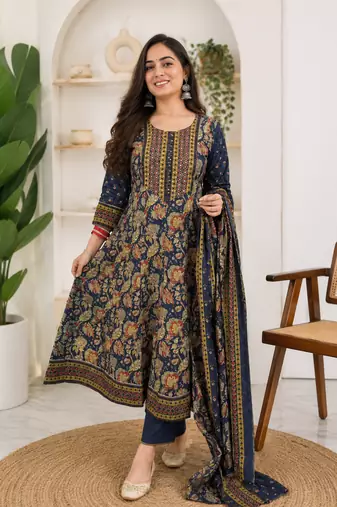 Women's Navy Blue Floral Printed Cotton Blend Anarkali Kurta Pant Dupatta Set