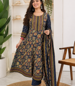 Women's Navy Blue Floral Printed Cotton Blend Anarkali Kurta Pant Dupatta Set