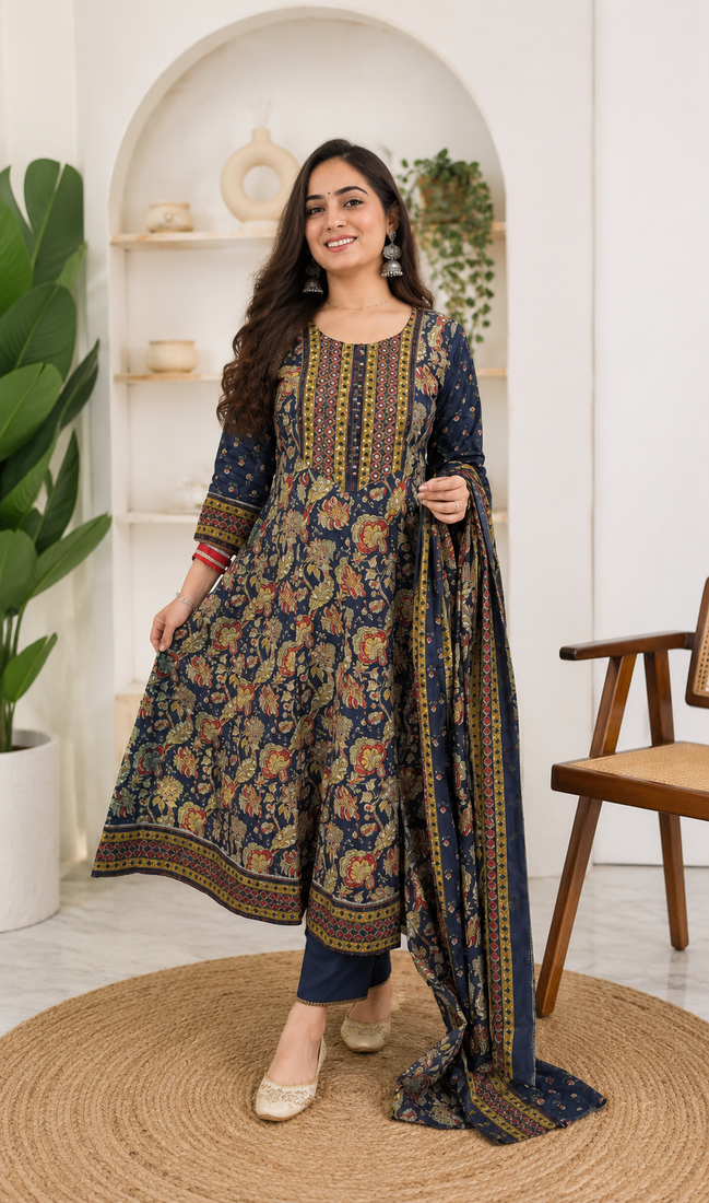 Women's Navy Blue Floral Printed Cotton Blend Anarkali Kurta Pant Dupatta Set