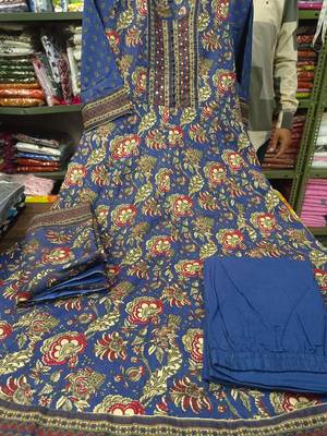 Women's Navy Blue Floral Printed Cotton Blend Anarkali Kurta Pant Dupatta Set 2