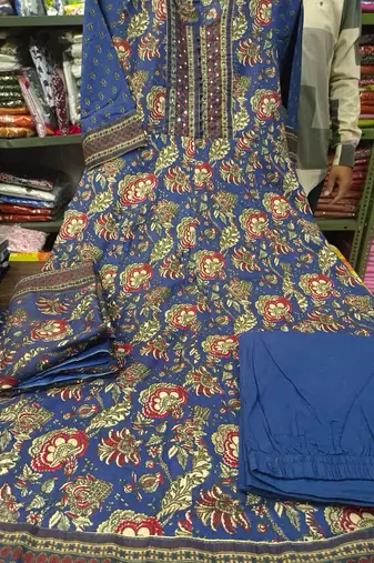 Women's Navy Blue Floral Printed Cotton Blend Anarkali Kurta Pant Dupatta Set