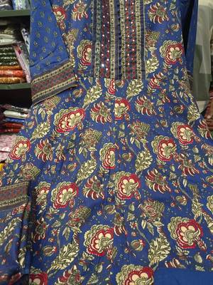 Women's Navy Blue Floral Printed Cotton Blend Anarkali Kurta Pant Dupatta Set 3