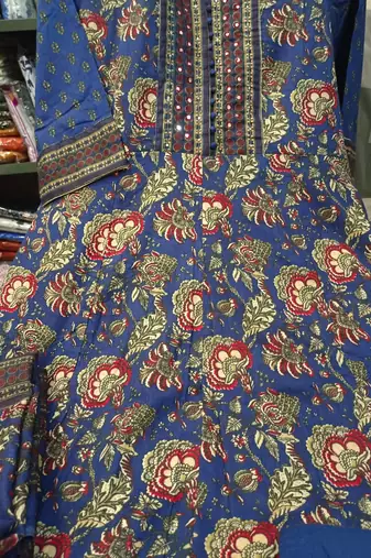 Women's Navy Blue Floral Printed Cotton Blend Anarkali Kurta Pant Dupatta Set