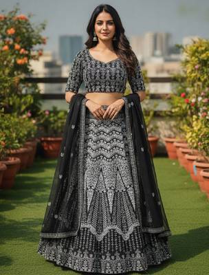 Faux Georgette Semi Stiched Black Embroidered Lehenga With Unstiched Choli And Dupatta 1