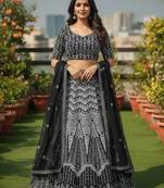 Faux Georgette Semi Stiched Black Embroidered Lehenga With Unstiched Choli And Dupatta