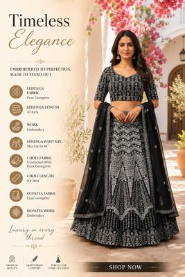 Faux Georgette Semi Stiched Black Embroidered Lehenga With Unstiched Choli And Dupatta 2
