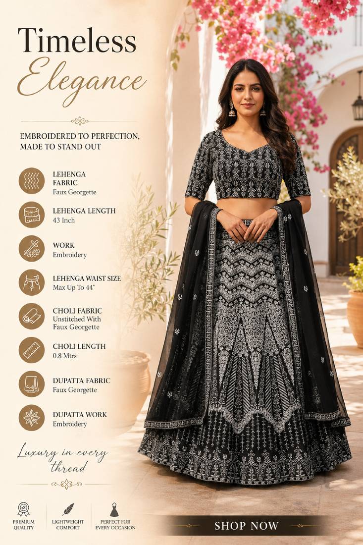 Faux Georgette Semi Stiched Black Embroidered Lehenga With Unstiched Choli And Dupatta