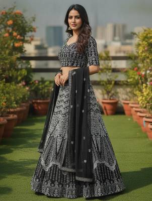 Faux Georgette Semi Stiched Black Embroidered Lehenga With Unstiched Choli And Dupatta 3