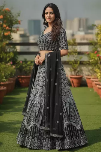 Faux Georgette Semi Stiched Black Embroidered Lehenga With Unstiched Choli And Dupatta