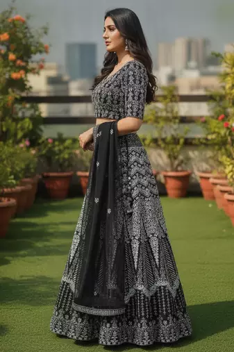 Faux Georgette Semi Stiched Black Embroidered Lehenga With Unstiched Choli And Dupatta