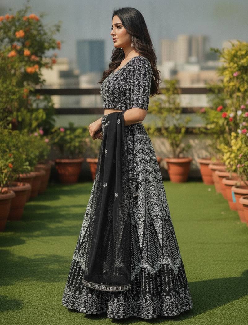 Faux Georgette Semi Stiched Black Embroidered Lehenga With Unstiched Choli And Dupatta