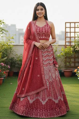 Faux Georgette Semi Stiched Burgundy Embroidered Lehenga Unstiched Choli And Dupatta